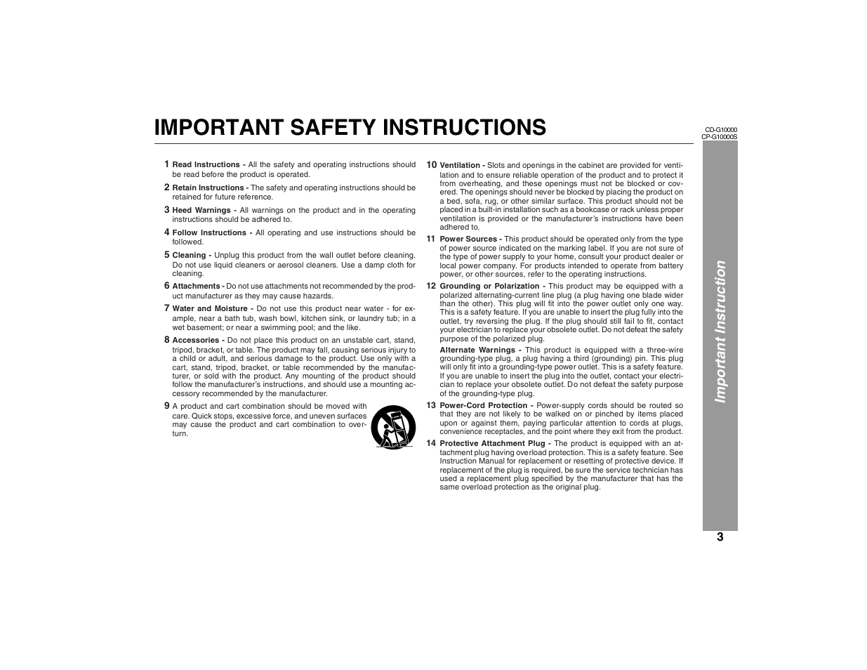 Important safety instructions, Imp ortant ins truction | Sharp CP-G10000S User Manual | Page 3 / 47