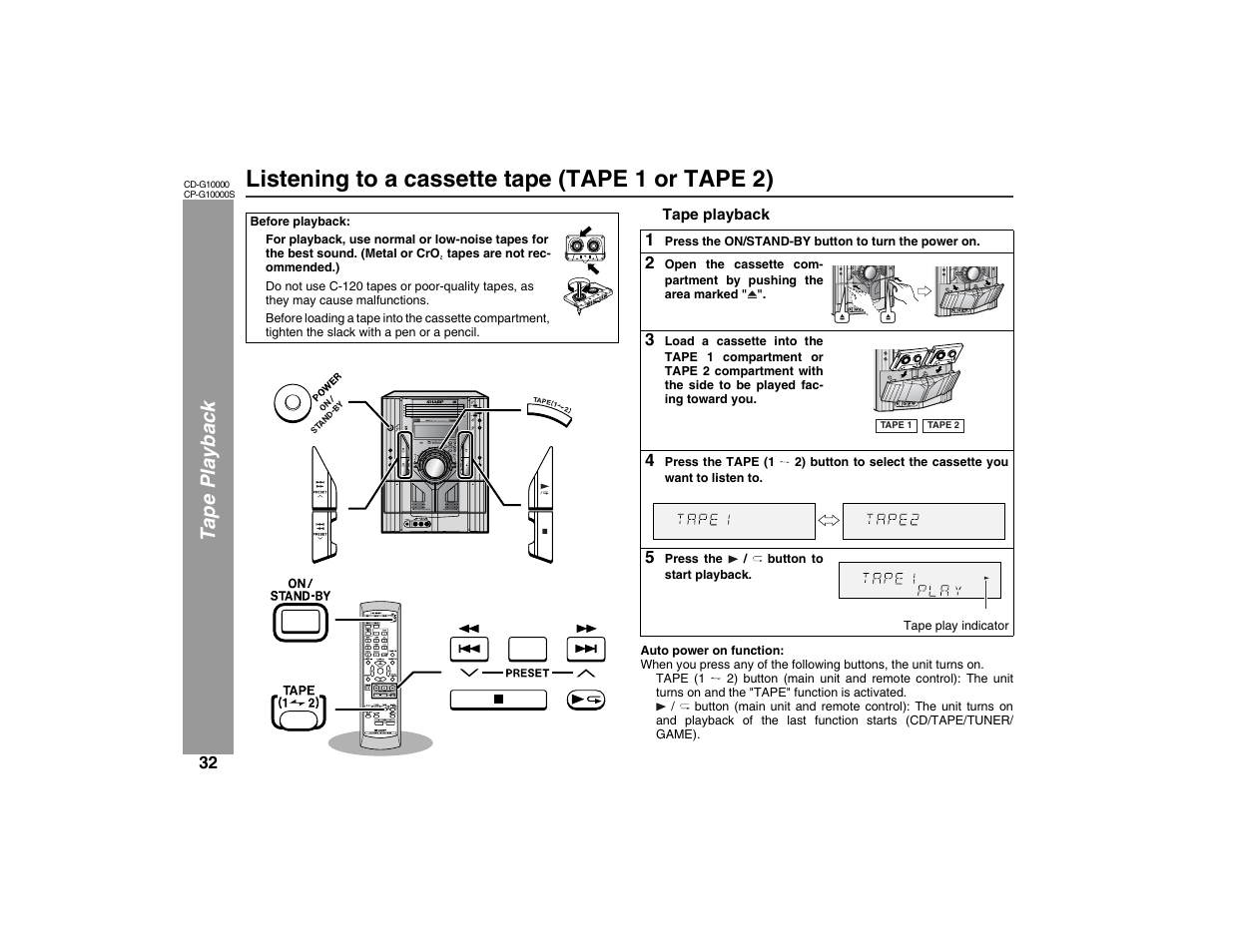 Listening to a cassette tape (tape 1 or tape 2), Ta pe play back | Sharp CP-G10000S User Manual | Page 32 / 47