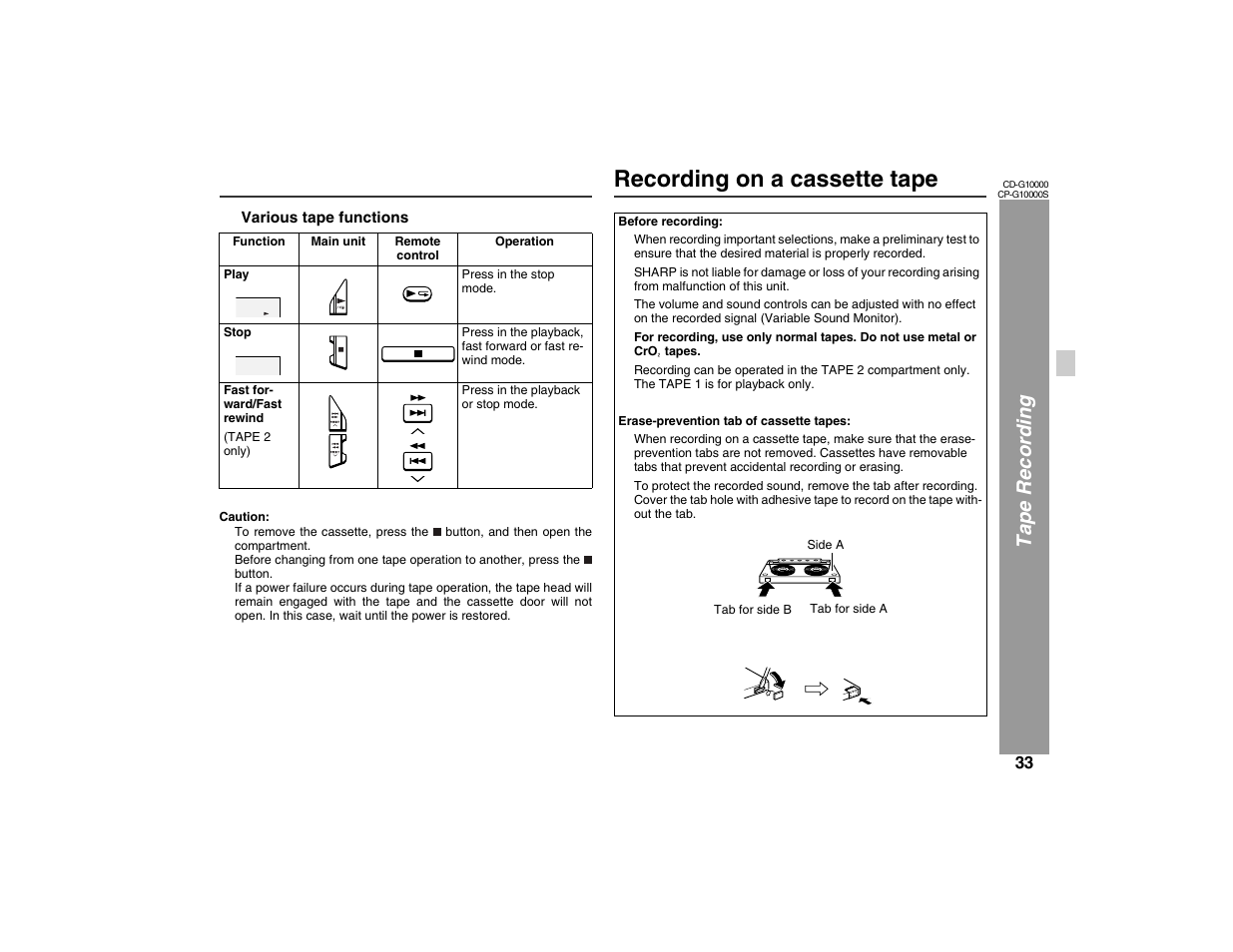 Recording on a cassette tape, Ta pe rec ording | Sharp CP-G10000S User Manual | Page 33 / 47