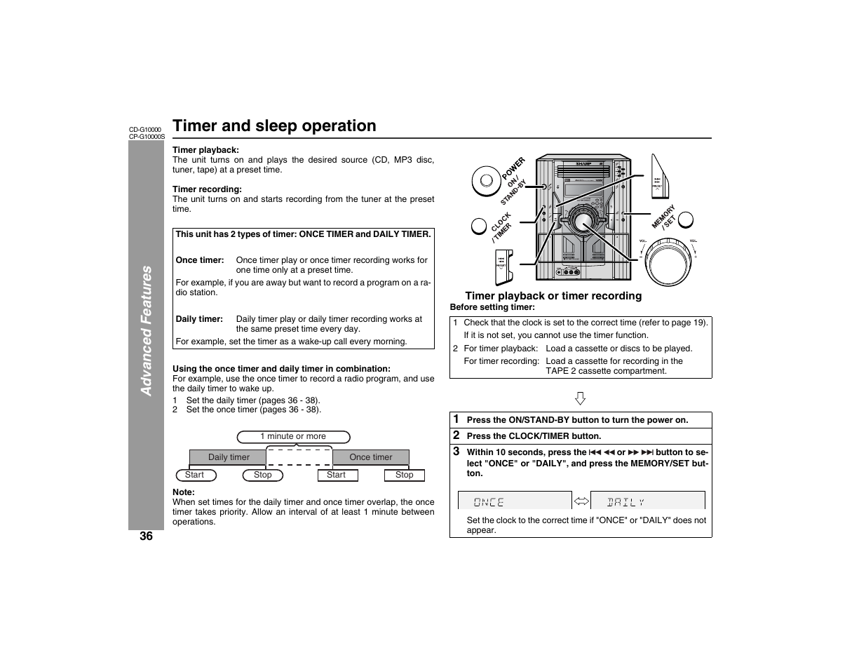 Timer and sleep operation, Adv anced f eatures | Sharp CP-G10000S User Manual | Page 36 / 47