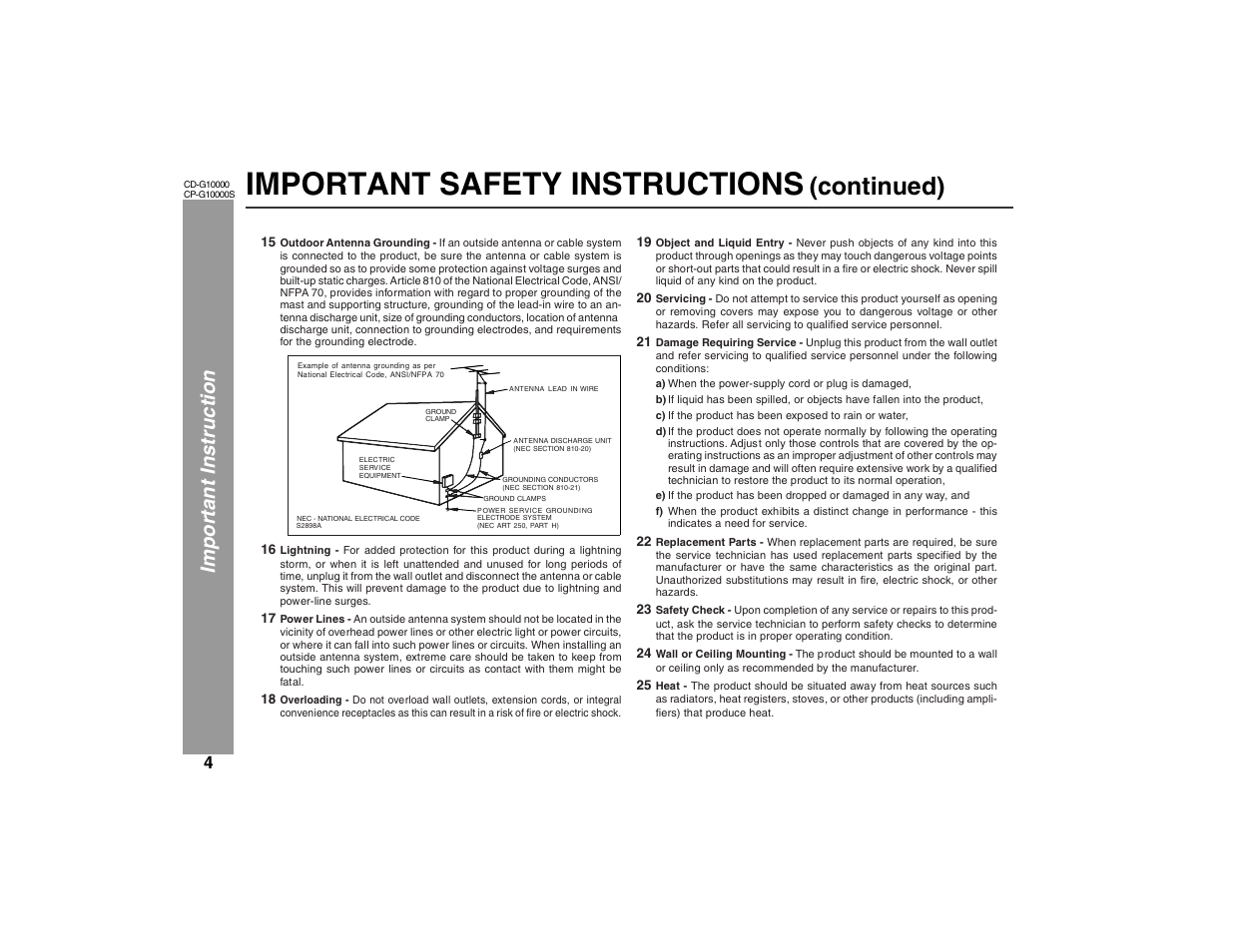 Important safety instructions, Continued), Imp ortant ins truction | Sharp CP-G10000S User Manual | Page 4 / 47