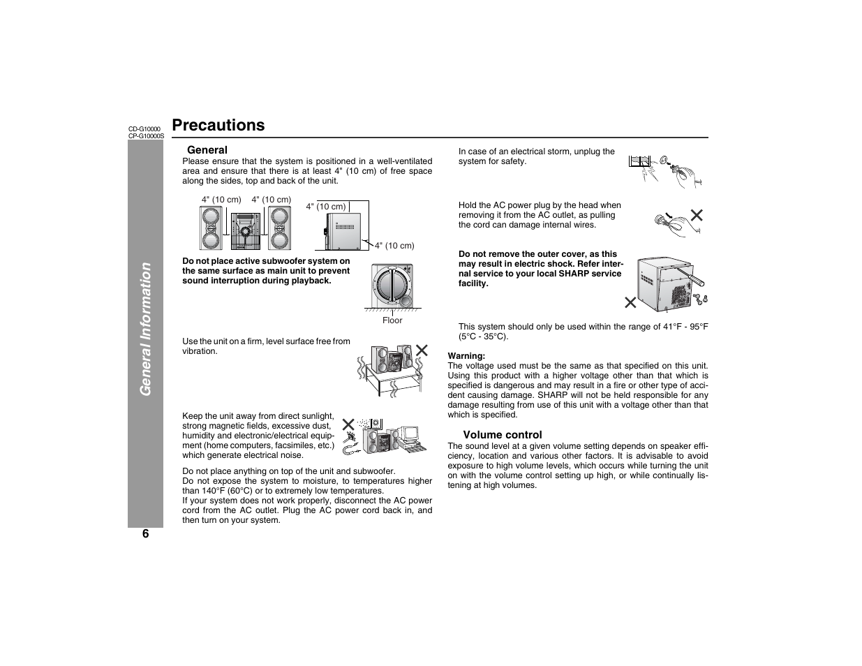 Precautions, Ge neral info rmation | Sharp CP-G10000S User Manual | Page 6 / 47