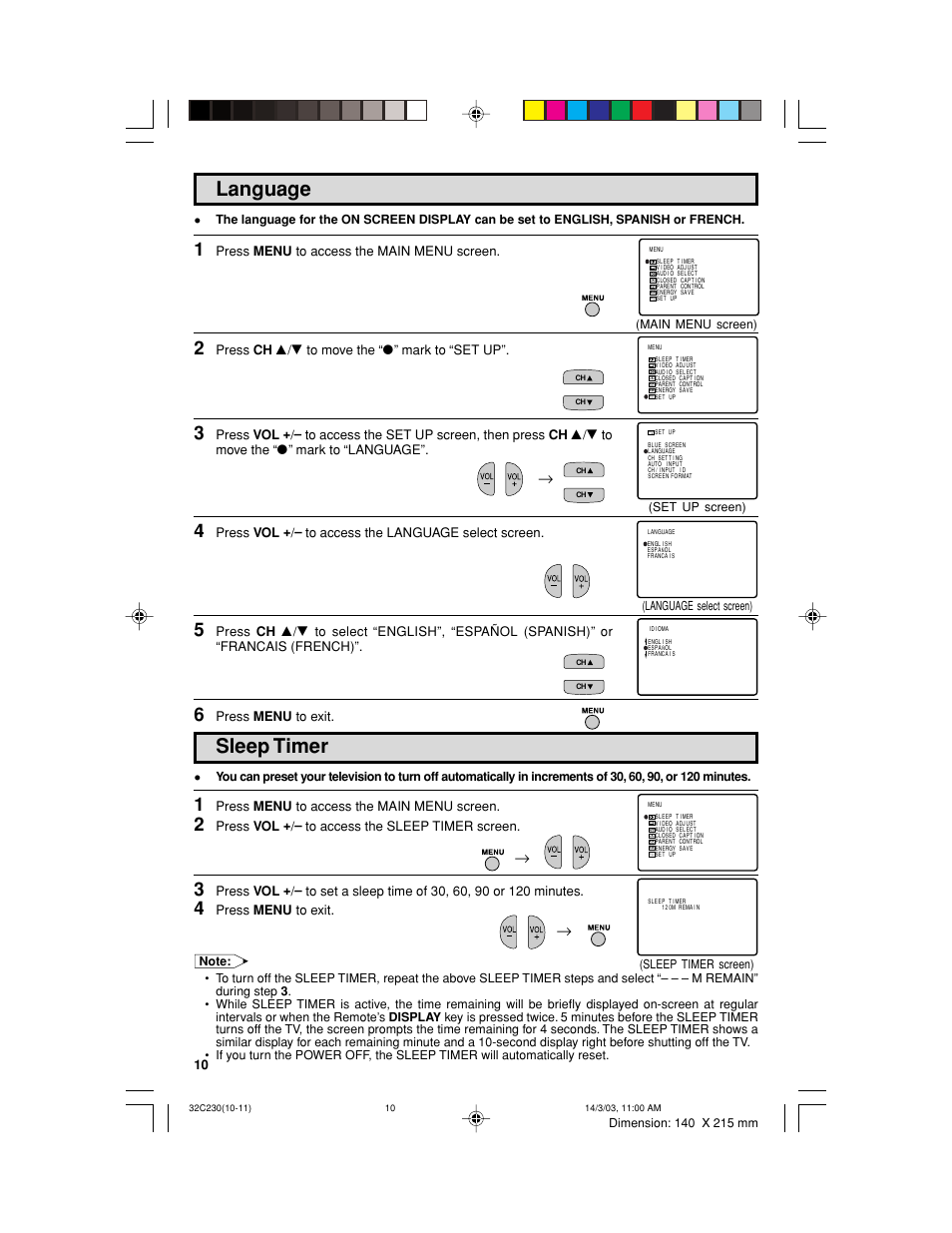 Sleep timer, Language | Sharp 32C230 User Manual | Page 10 / 52