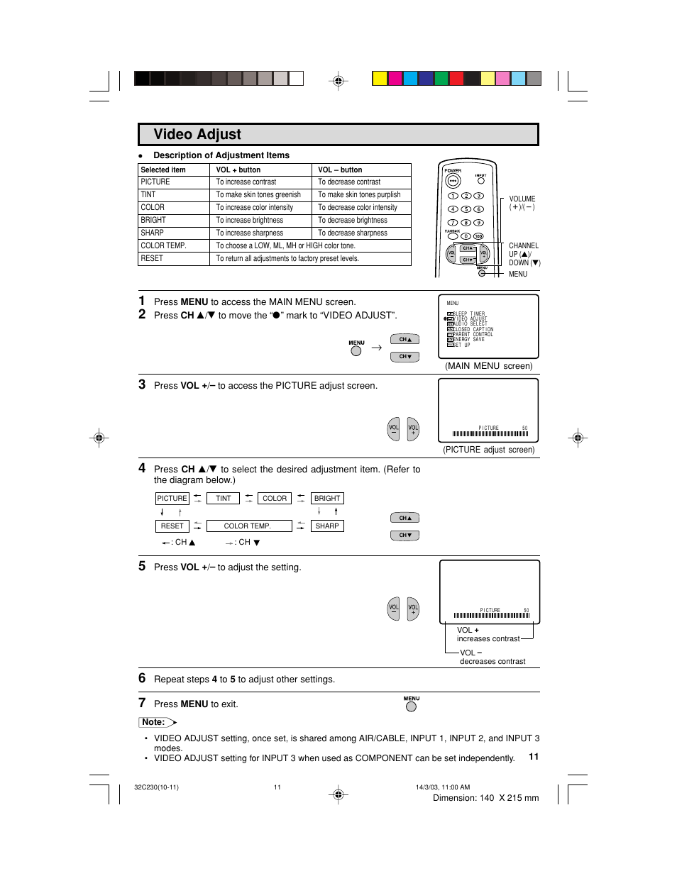 Video adjust | Sharp 32C230 User Manual | Page 11 / 52