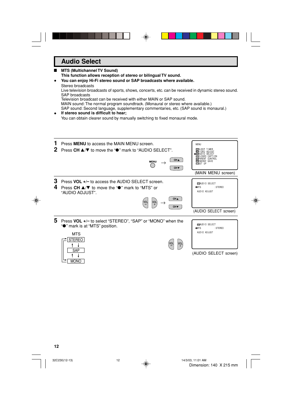 Audio select | Sharp 32C230 User Manual | Page 12 / 52