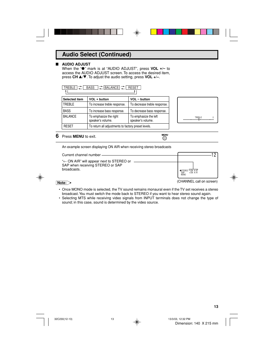 Audio select (continued) | Sharp 32C230 User Manual | Page 13 / 52