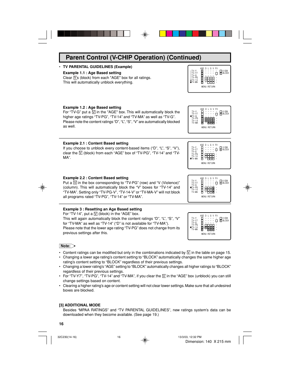 Parent control (v-chip operation) (continued) | Sharp 32C230 User Manual | Page 16 / 52