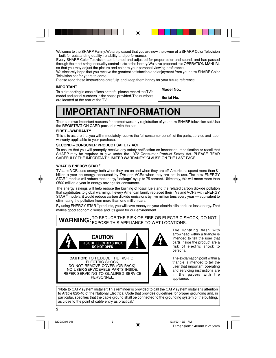 Important information, Warning | Sharp 32C230 User Manual | Page 2 / 52