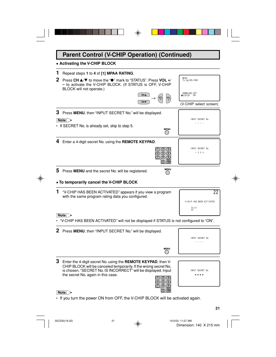 Parent control (v-chip operation) (continued) | Sharp 32C230 User Manual | Page 21 / 52