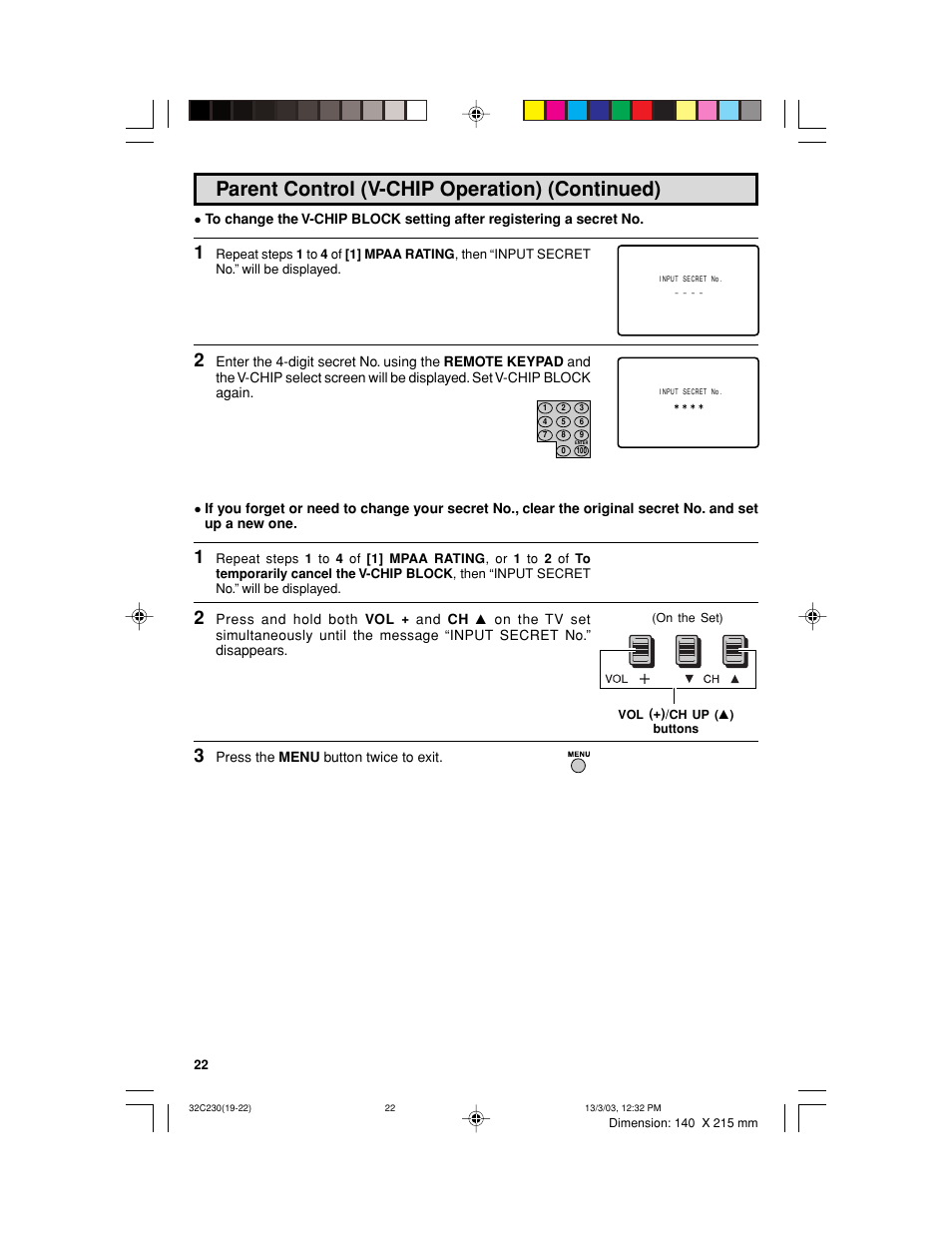 Parent control (v-chip operation) (continued) | Sharp 32C230 User Manual | Page 22 / 52