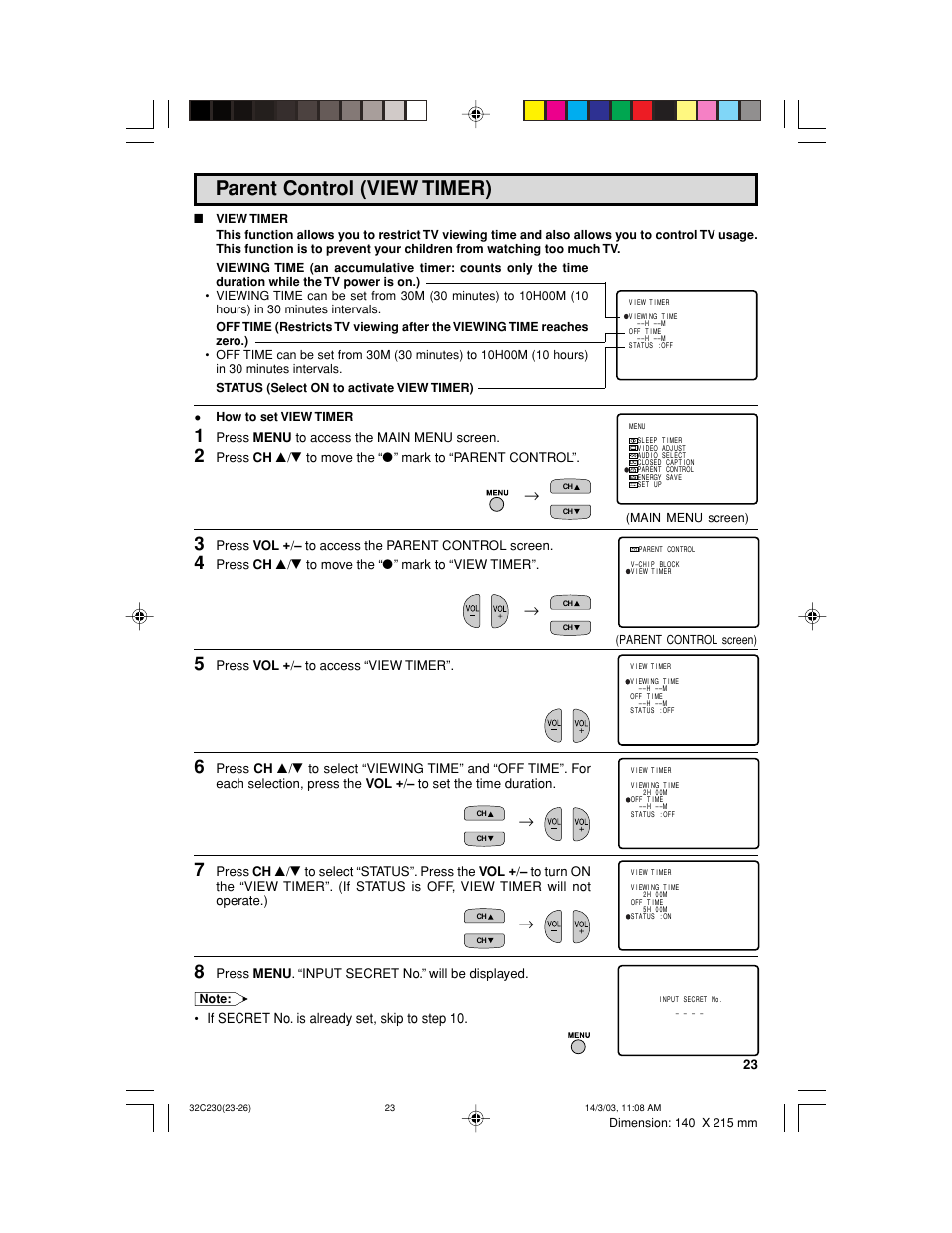 Parent control (view timer), If secret no. is already set, skip to step 10 | Sharp 32C230 User Manual | Page 23 / 52