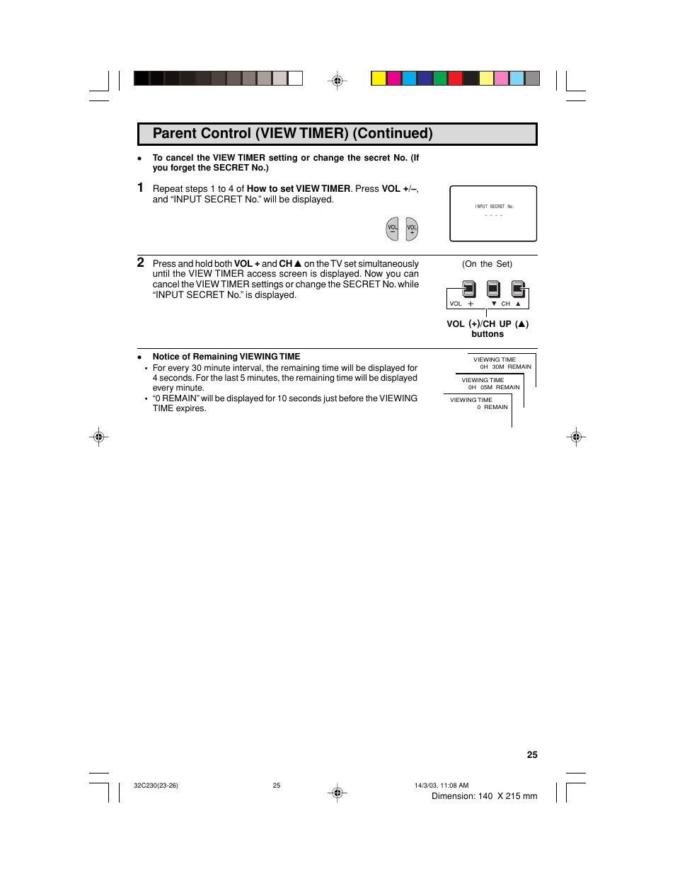 Parent control (view timer) (continued) | Sharp 32C230 User Manual | Page 25 / 52