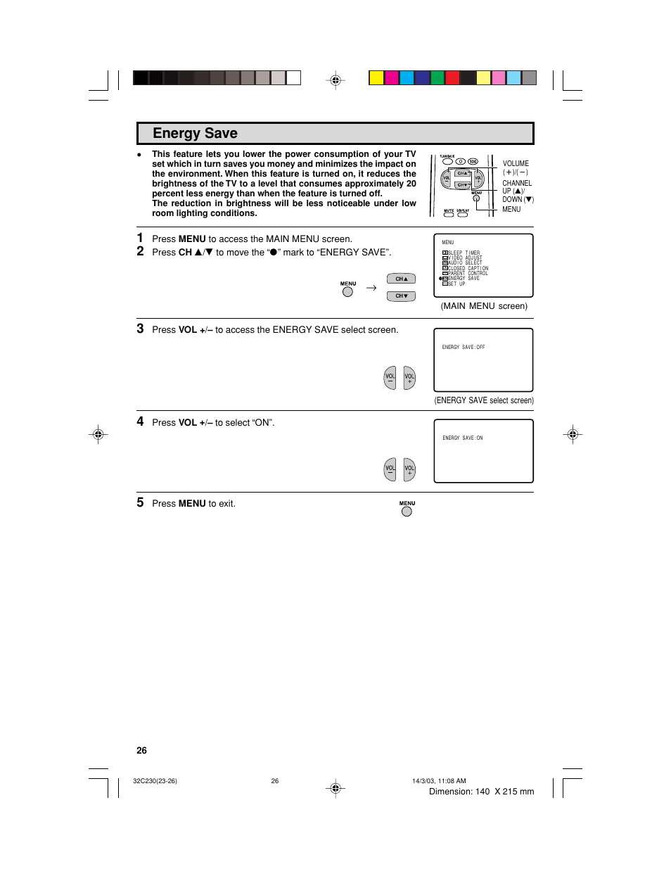 Energy save | Sharp 32C230 User Manual | Page 26 / 52