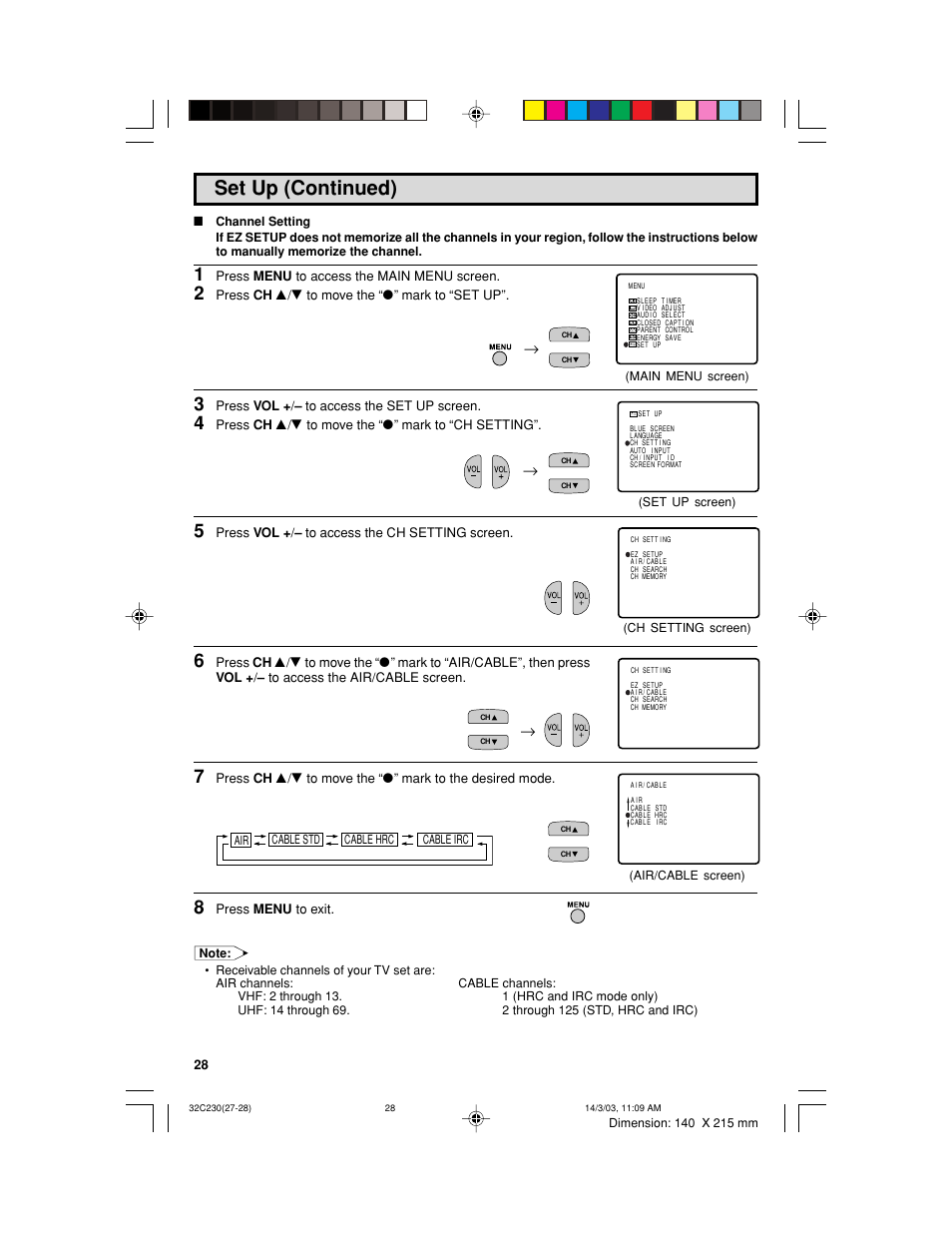 Set up (continued) | Sharp 32C230 User Manual | Page 28 / 52