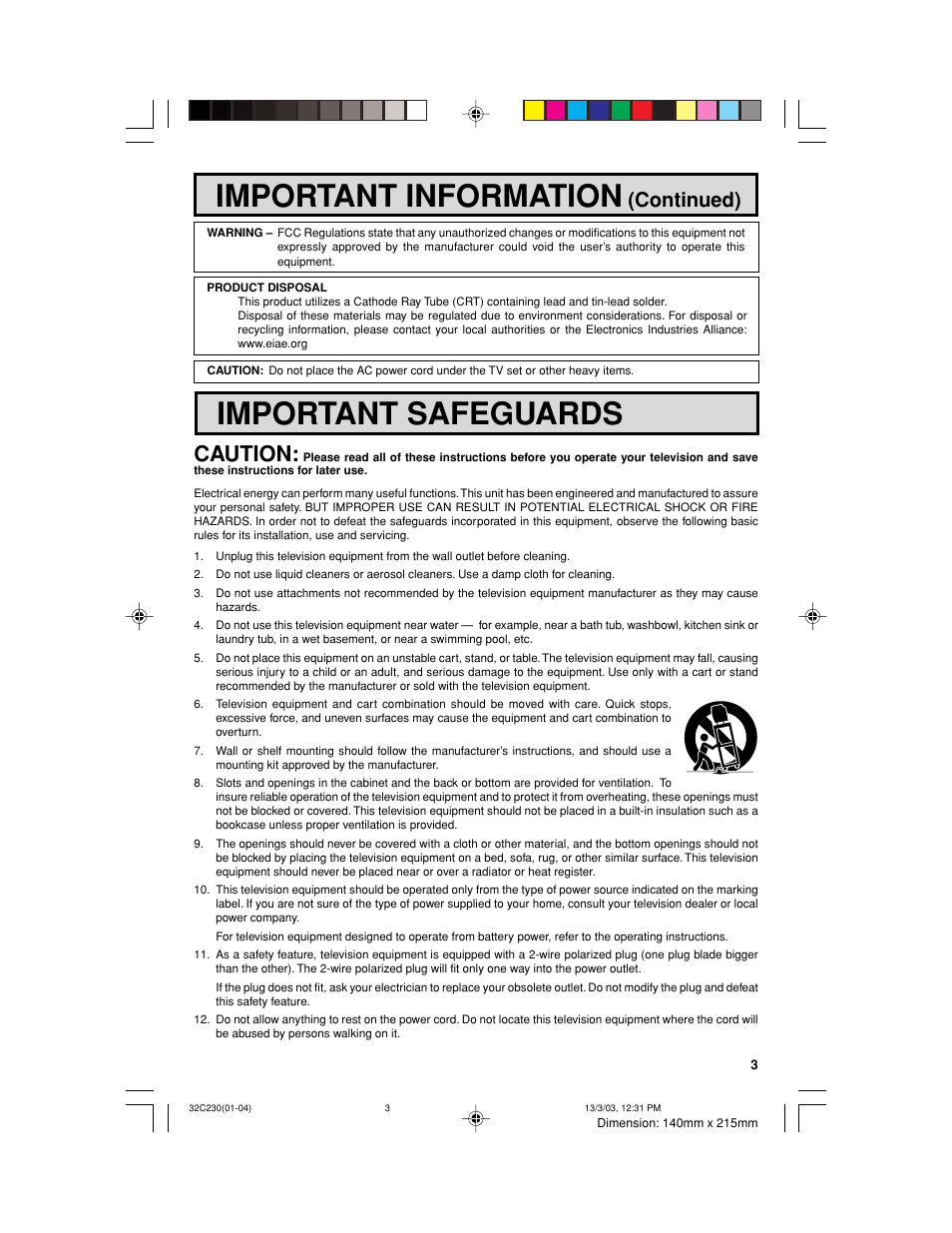 Important information, Important safeguards, Caution | Continued) | Sharp 32C230 User Manual | Page 3 / 52