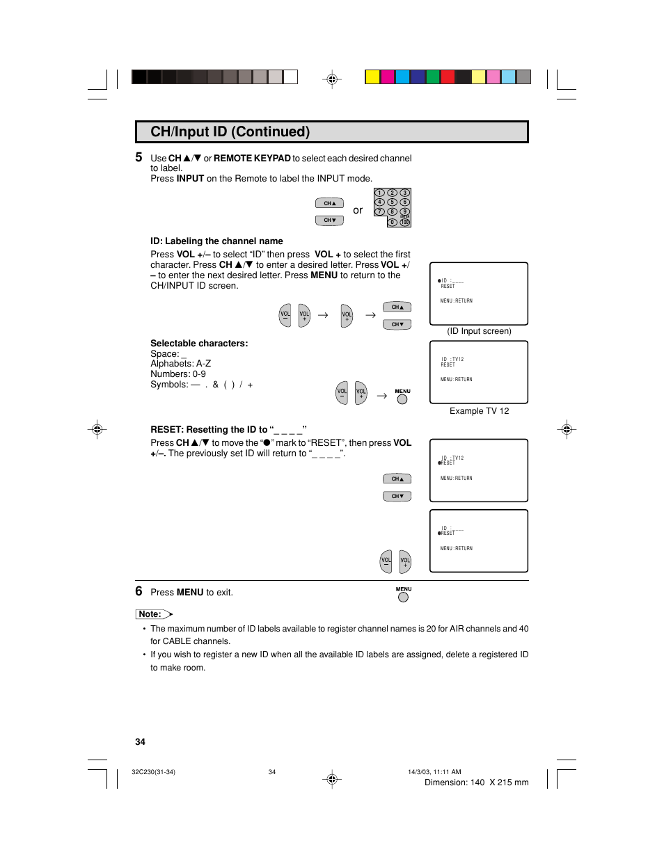 Ch/input id (continued) | Sharp 32C230 User Manual | Page 34 / 52