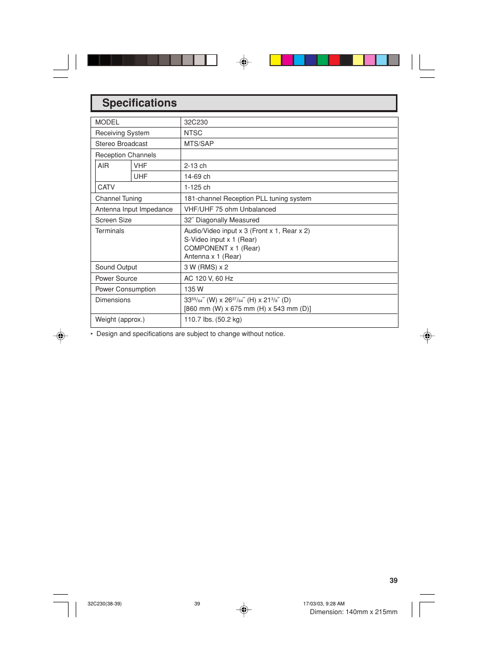 Specifications | Sharp 32C230 User Manual | Page 39 / 52