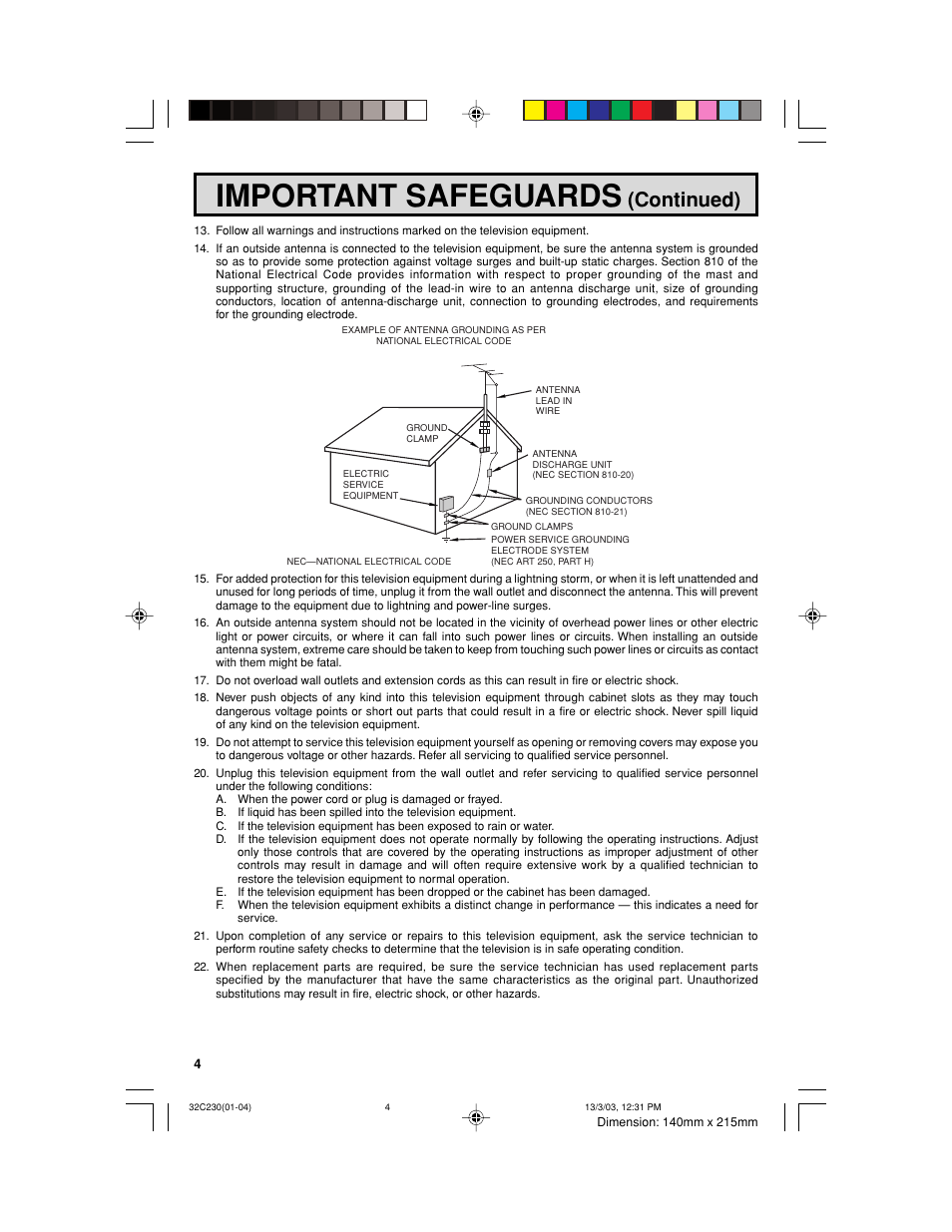 Important safeguards, Continued) | Sharp 32C230 User Manual | Page 4 / 52