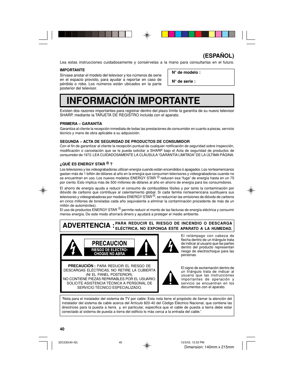 Información importante, Advertencia, Español) | Sharp 32C230 User Manual | Page 40 / 52