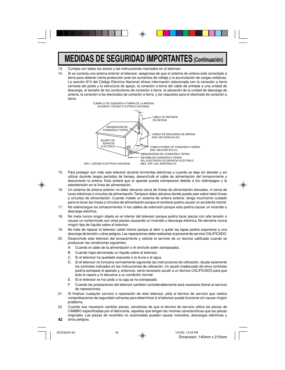 Medidas de seguridad importantes, Continuación) | Sharp 32C230 User Manual | Page 42 / 52