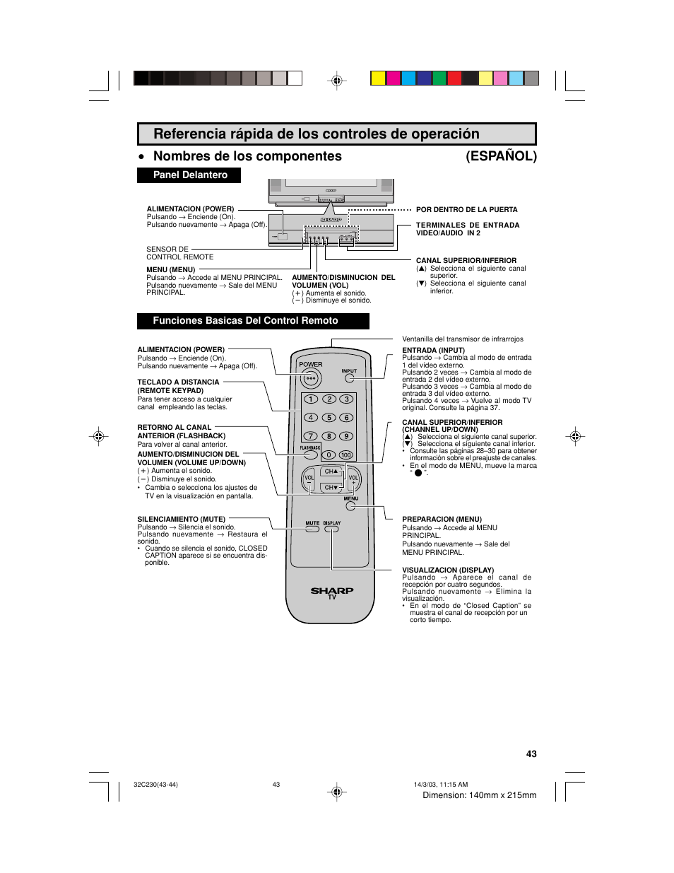 Referencia rápida de los controles de operación, Nombres de los componentes (español) | Sharp 32C230 User Manual | Page 43 / 52