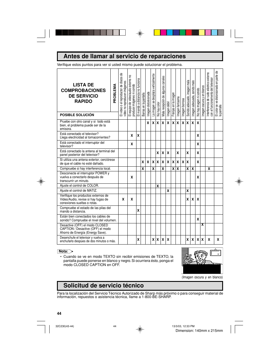 Antes de llamar al servicio de reparaciones, Solicitud de servicio técnico, Lista de comprobaciones de servicio rapido | Sharp 32C230 User Manual | Page 44 / 52