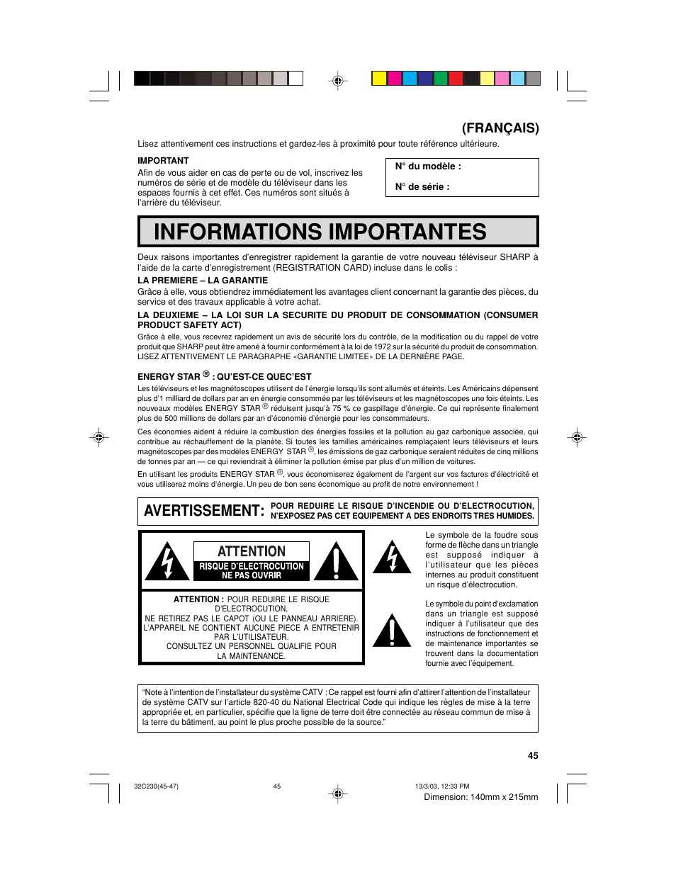 Informations importantes, Avertissement, Français) | Sharp 32C230 User Manual | Page 45 / 52