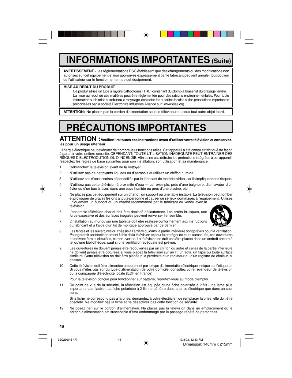 Informations importantes, Précautions importantes, Attention | Suite) | Sharp 32C230 User Manual | Page 46 / 52