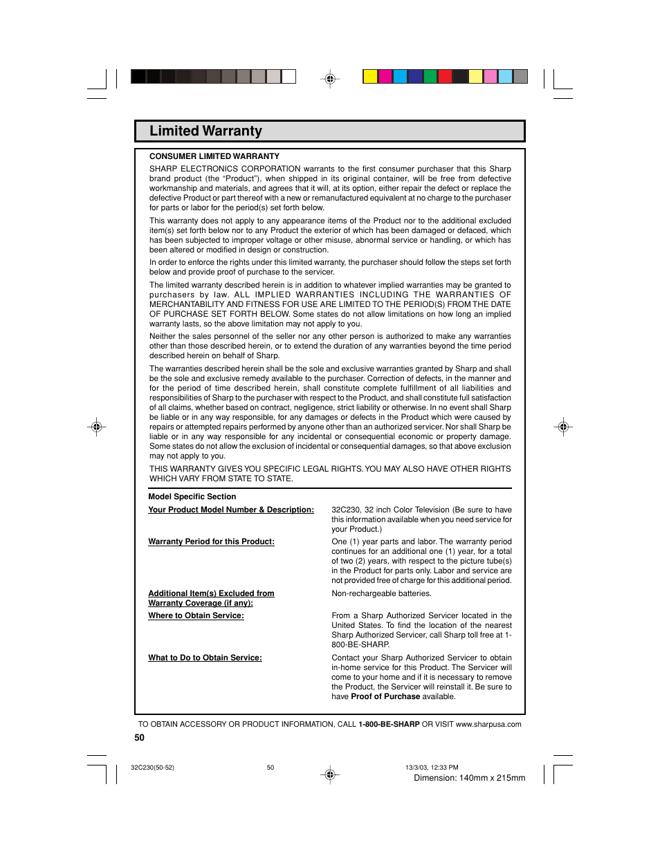 Limited warranty | Sharp 32C230 User Manual | Page 50 / 52