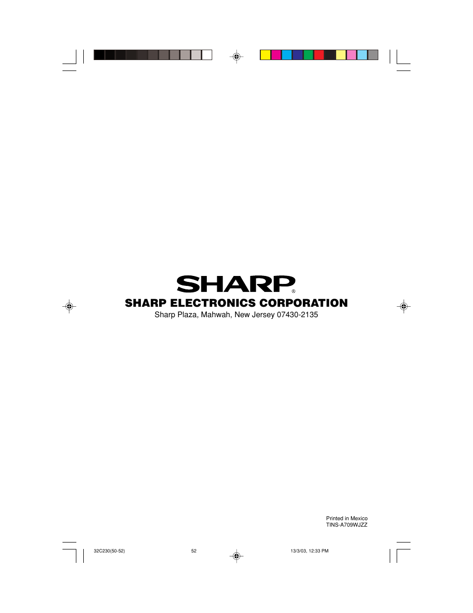 Sharp electronics corporation | Sharp 32C230 User Manual | Page 52 / 52