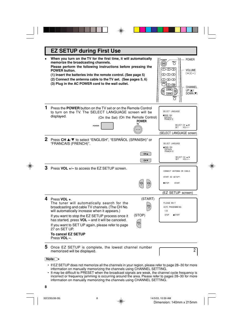 Ez setup during first use | Sharp 32C230 User Manual | Page 8 / 52