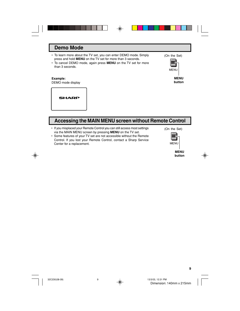 Demo mode | Sharp 32C230 User Manual | Page 9 / 52