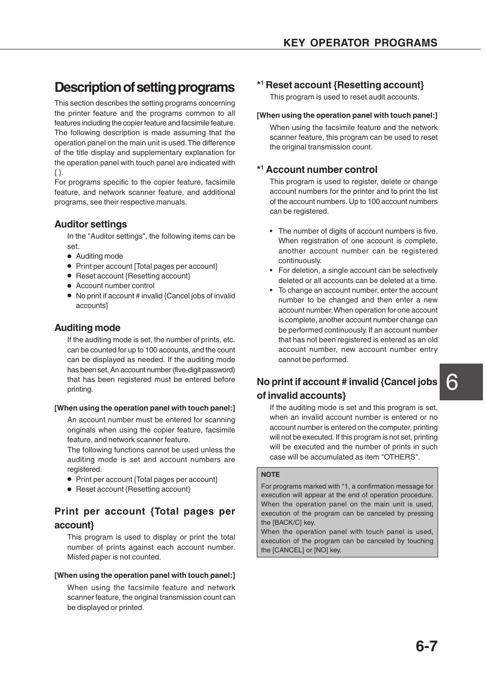 Description of setting programs, Key operator programs, Auditor settings | Auditing mode, Print per account {total pages per account, Reset account {resetting account, Account number control | Sharp AR-350 User Manual | Page 103 / 118