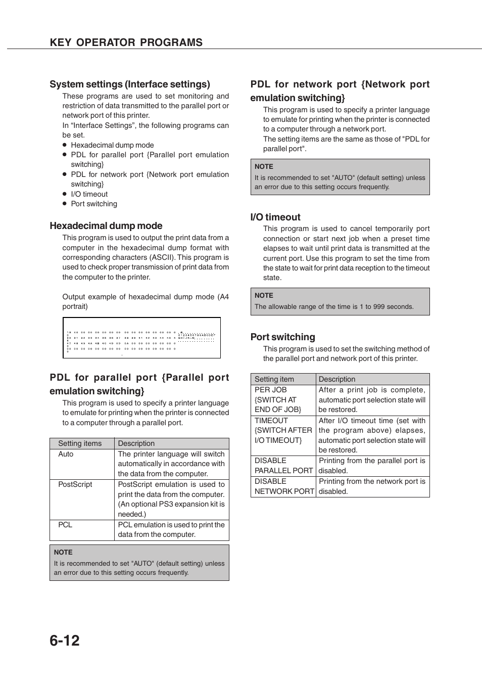 Key operator programs, System settings (interface settings), Hexadecimal dump mode | I/o timeout, Port switching | Sharp AR-350 User Manual | Page 108 / 118