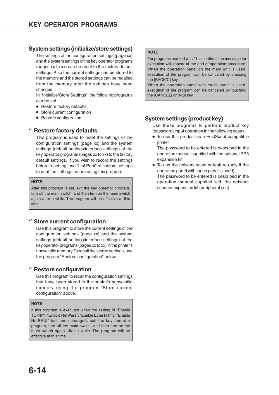 Key operator programs, System settings (initialize/store settings), Restore factory defaults | Store current configuration, Restore configuration, System settings (product key) | Sharp AR-350 User Manual | Page 110 / 118