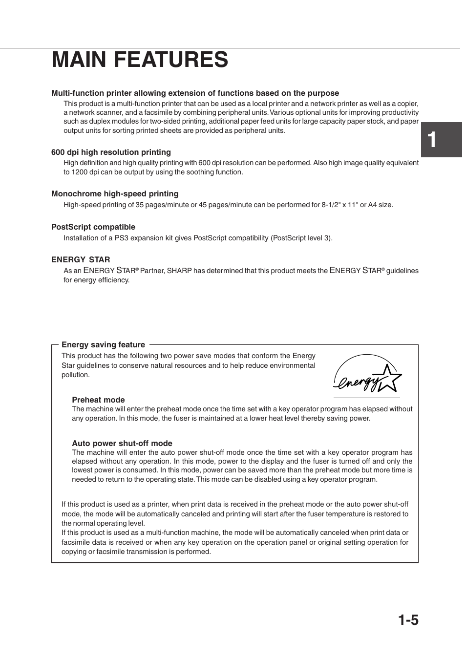 1main features | Sharp AR-350 User Manual | Page 15 / 118