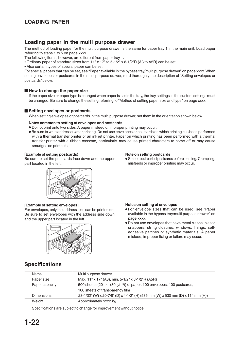 Loading paper in the multi purpose drawer, Loading paper, Specifications | Sharp AR-350 User Manual | Page 32 / 118