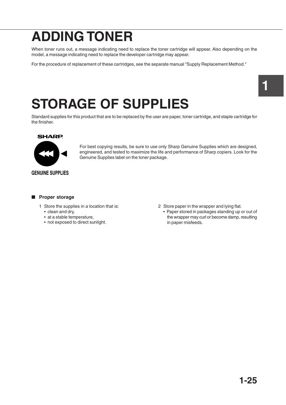 1adding toner, Storage of supplies | Sharp AR-350 User Manual | Page 35 / 118