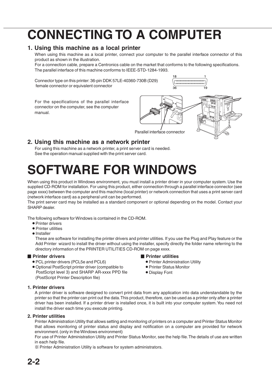 Software for windows, Connecting to a computer, Using this machine as a local printer | Using this machine as a network printer | Sharp AR-350 User Manual | Page 38 / 118