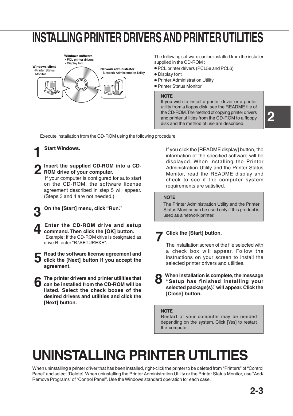 2installing printer drivers and printer utilities, Uninstalling printer utilities | Sharp AR-350 User Manual | Page 39 / 118
