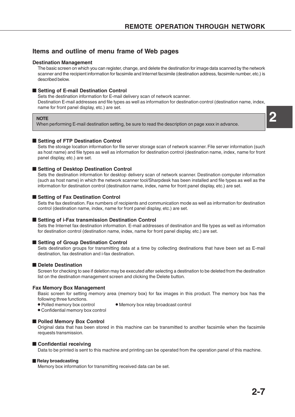 Items and outline of menu frame of web pages, Remote operation through network | Sharp AR-350 User Manual | Page 43 / 118