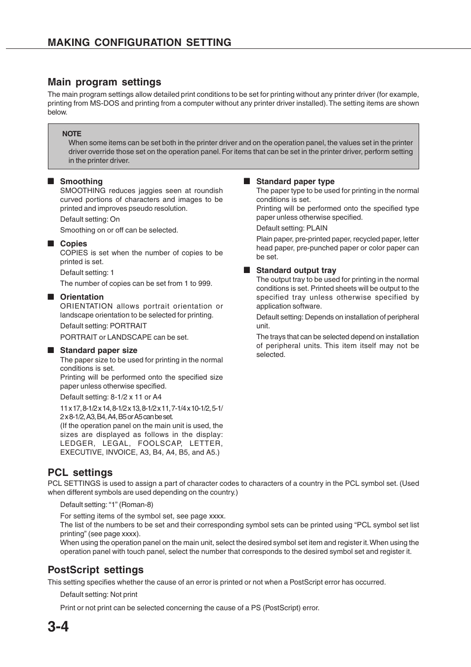 Main program settings, Making configuration setting pcl settings, Postscript settings | Sharp AR-350 User Manual | Page 52 / 118