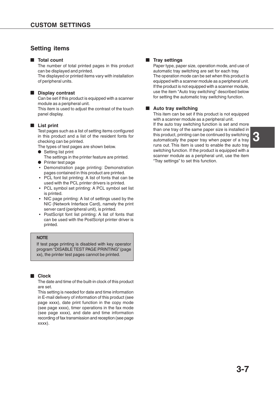 Setting items, Custom settings | Sharp AR-350 User Manual | Page 55 / 118