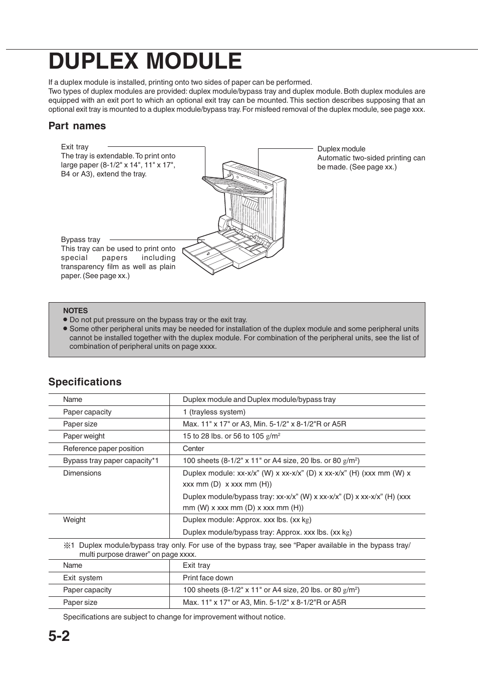 Duplex module, Part names specifications | Sharp AR-350 User Manual | Page 70 / 118