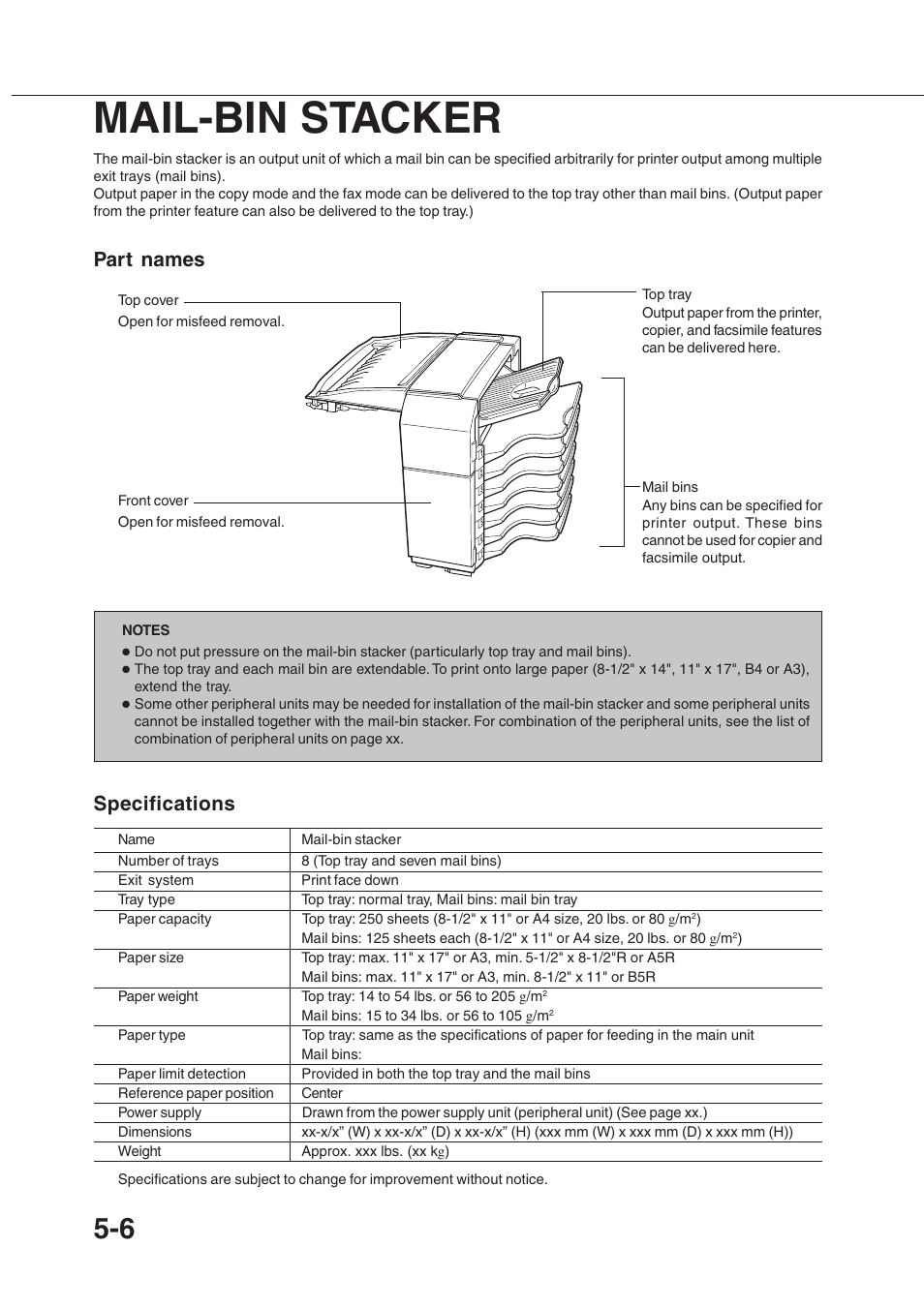 Mail-bin stacker, Part names, Specifications | Sharp AR-350 User Manual | Page 74 / 118