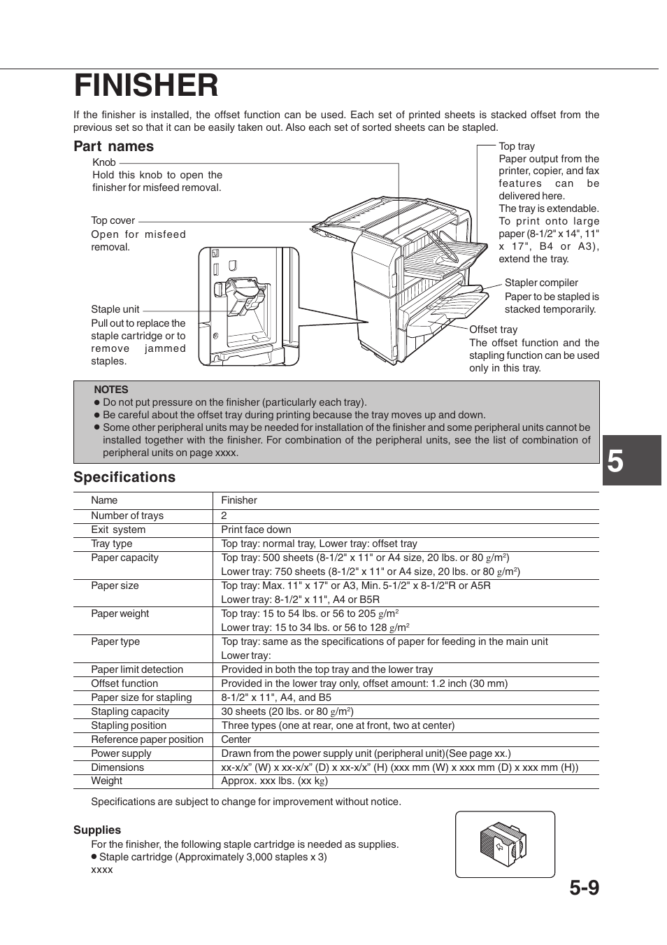 5finisher, Part names, Specifications | Sharp AR-350 User Manual | Page 77 / 118