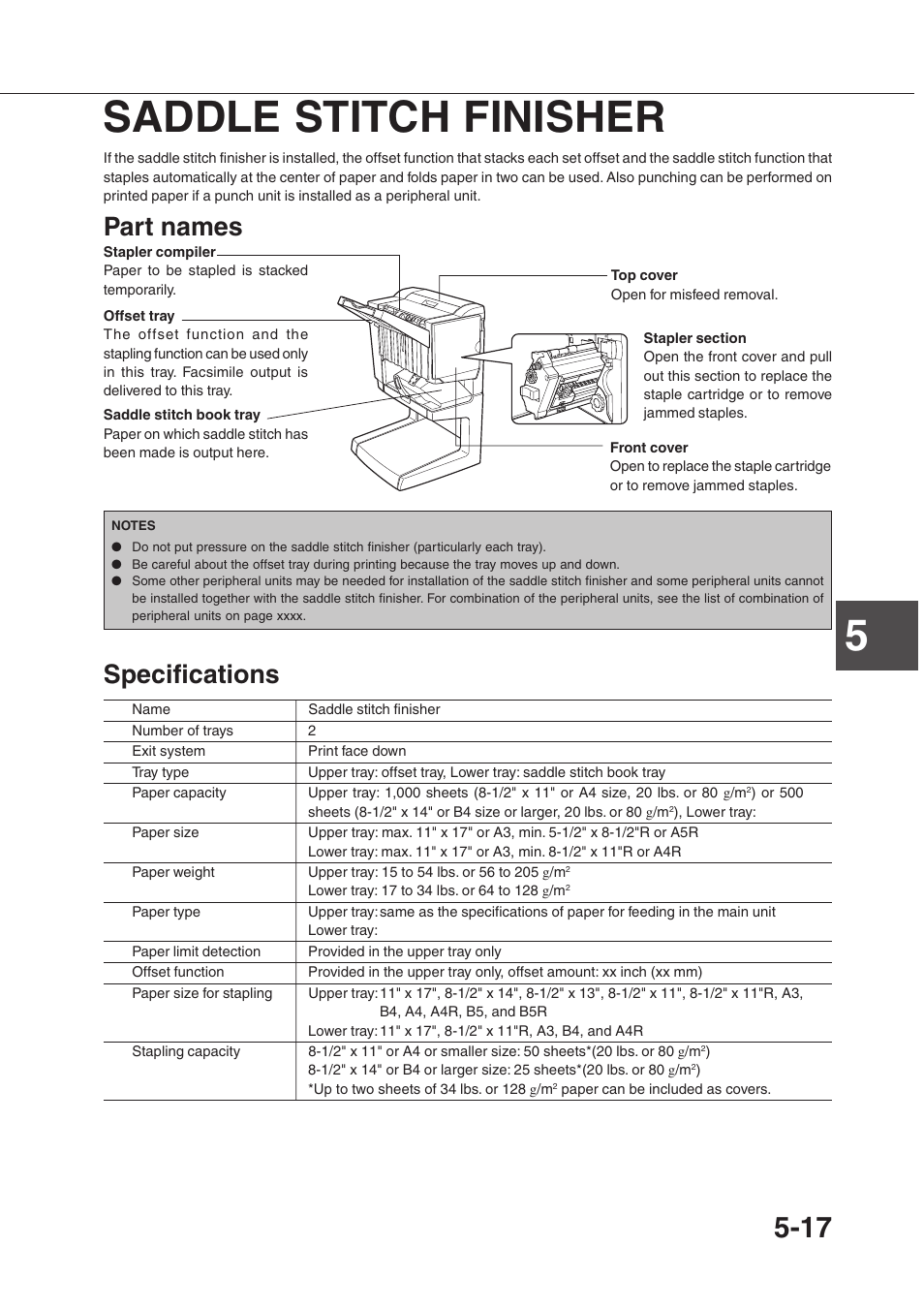5saddle stitch finisher, Part names, Specifications | Sharp AR-350 User Manual | Page 85 / 118