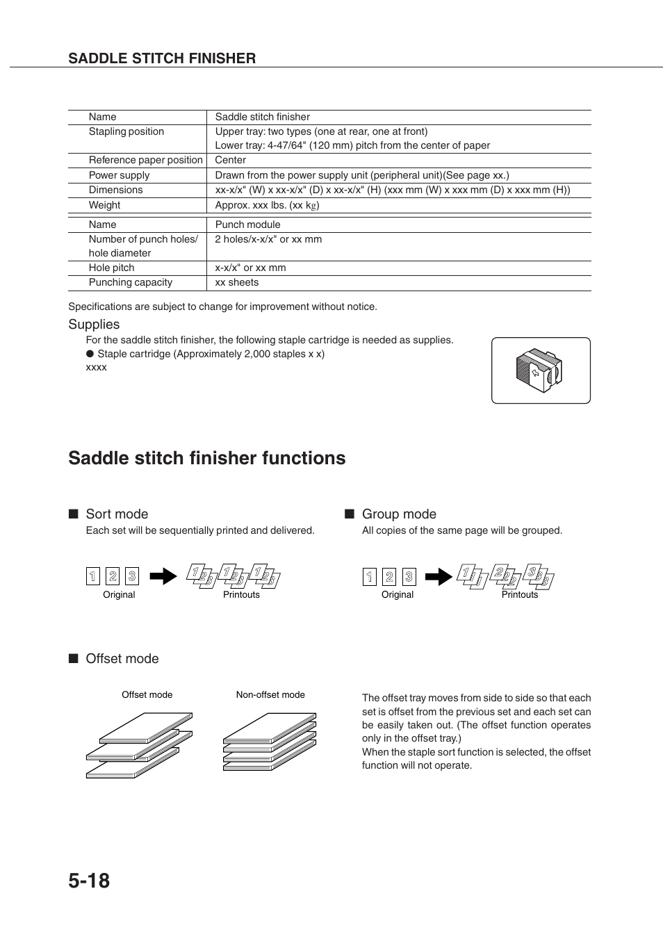 Saddle stitch finisher functions, Saddle stitch finisher, Sort mode | Group mode, Offset mode, Supplies | Sharp AR-350 User Manual | Page 86 / 118