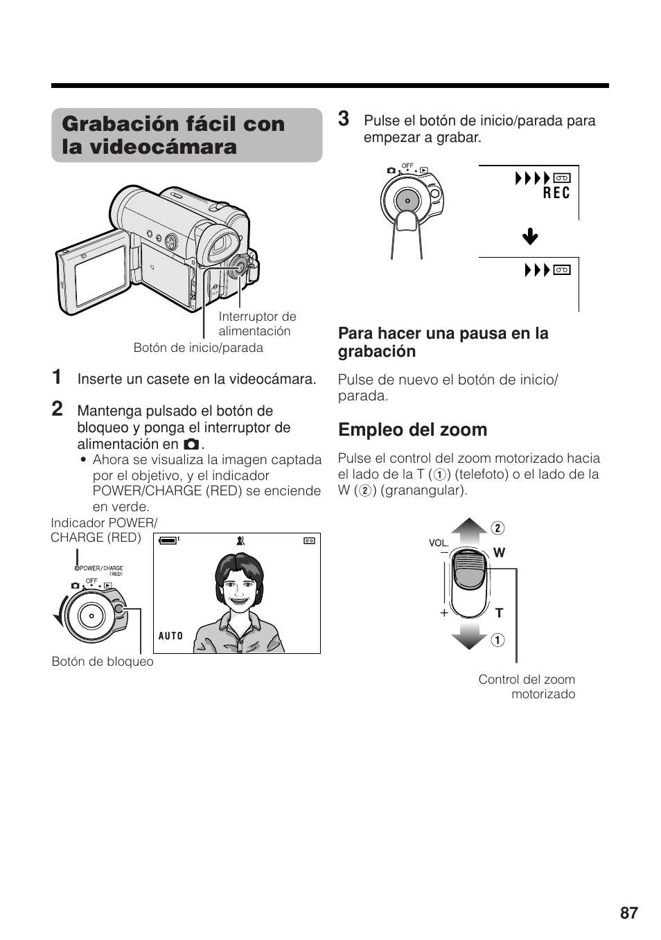 Grabación fácil con la videocámara 1, Empleo del zoom | Sharp VL-Z1U User Manual | Page 101 / 103