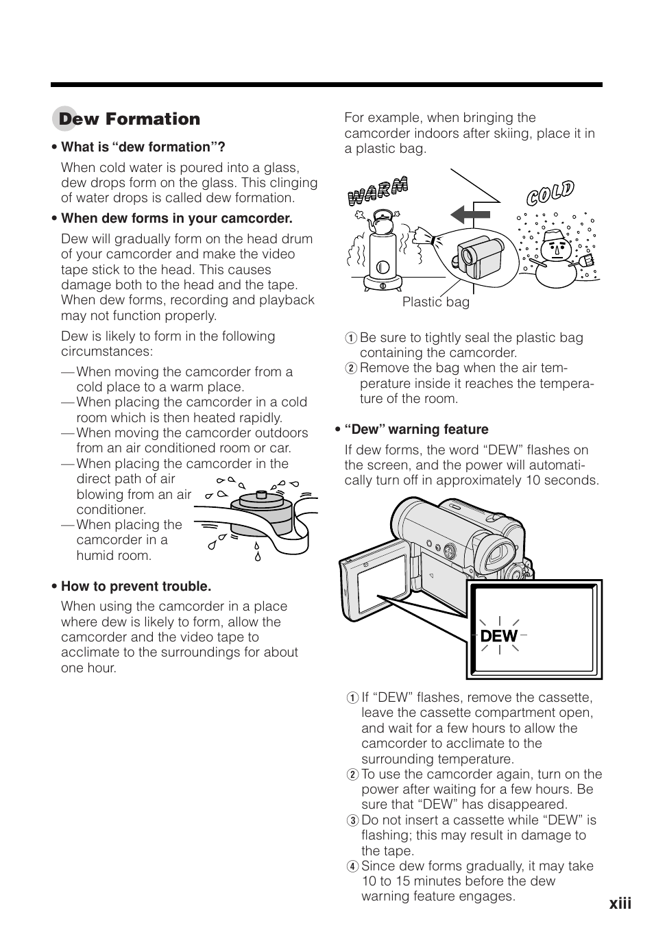 Dew formation, Xiii | Sharp VL-Z1U User Manual | Page 13 / 103